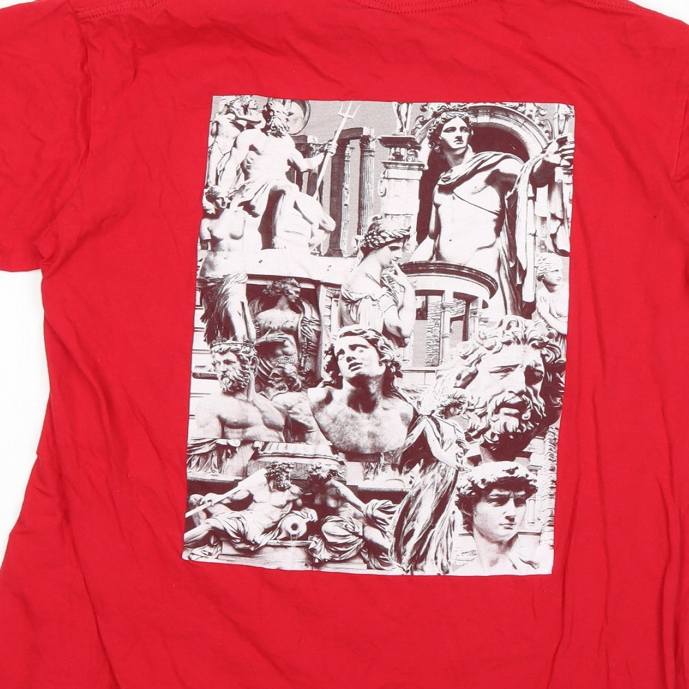 Preworn Mens Red Geometric Cotton T-Shirt Size L Round Neck