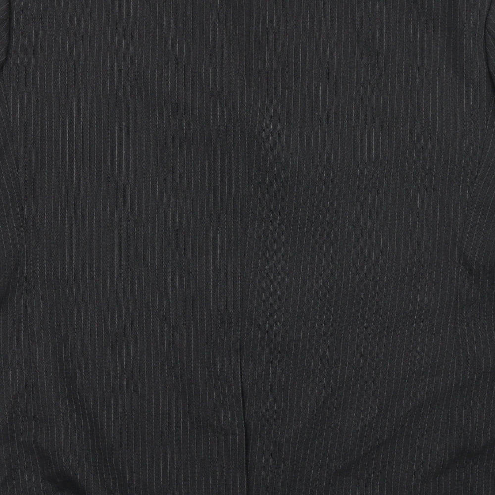 Brand and care label for Jonathon Adams men’s black striped polyester jacket blazer, size 42