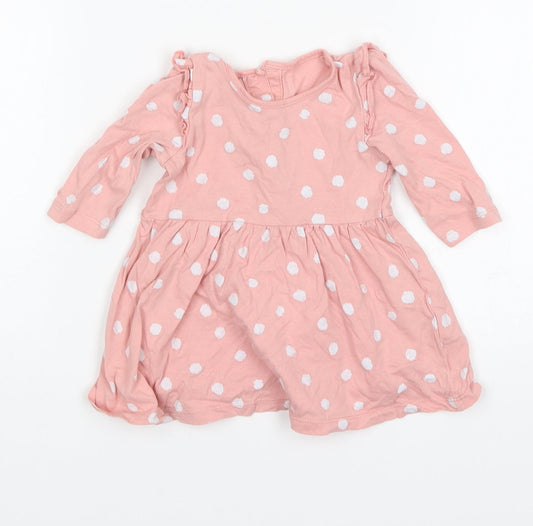 Matalan Girls Pink Polka Dot Cotton A-Line Size 3-6 Months Round Neck