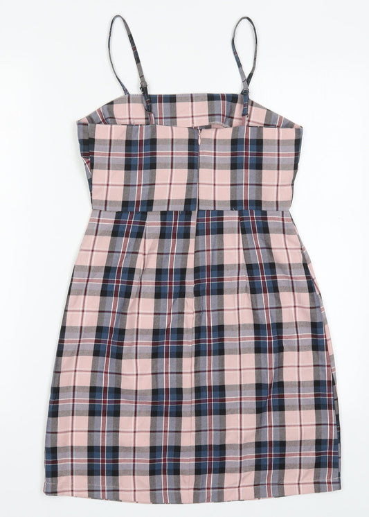 Primark Womens Pink Check Polyester Mini Size 4 Round Neck Zip