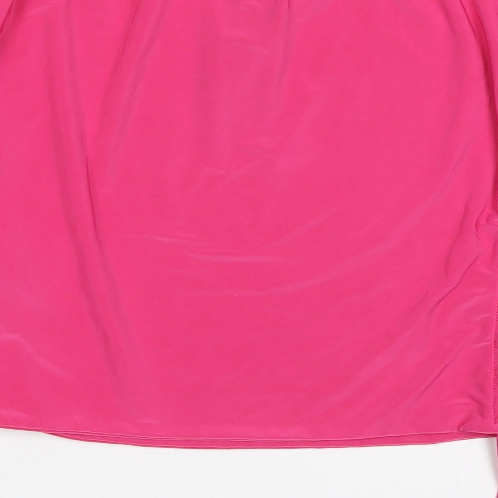 Brand and care label for Nasty Gal women’s pink polyester cropped t-shirt, size UK 12, off the shoulder