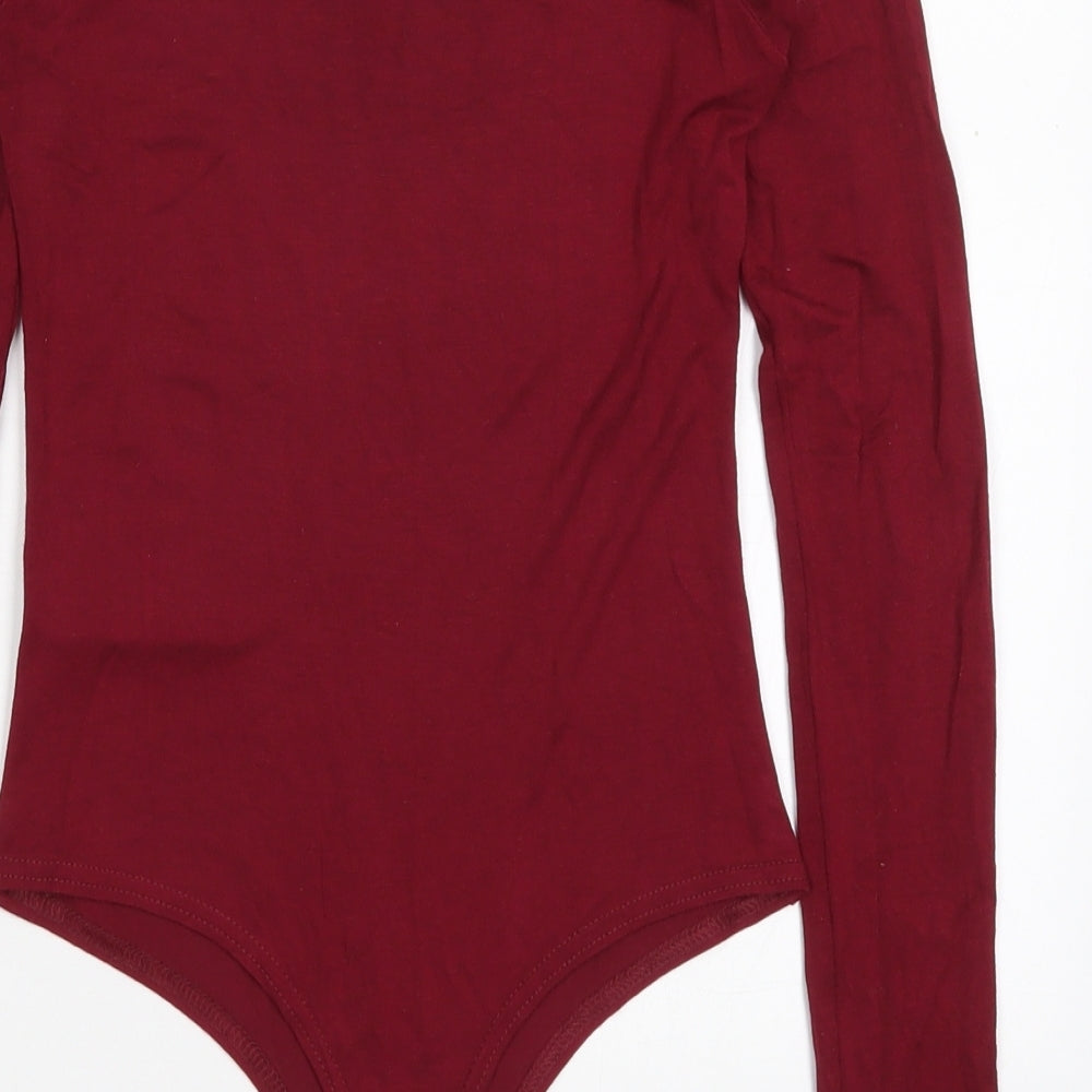 Brand and care label for PRETTYLITTLETHING women’s red viscose bodysuit one-piece, size UK 6, button
