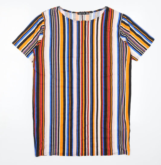 Additional front view of I SAW IT FIRST women’s multicoloured striped viscose t-shirt dress, size UK 6, round neck pullover