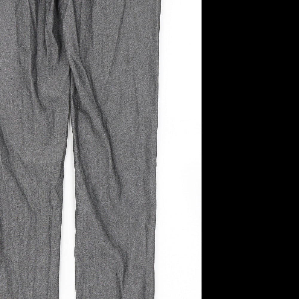 Brand and care label for Peacocks men’s grey polyester dress pants trousers, size 30, in, 28-inch leg regular hook & eye