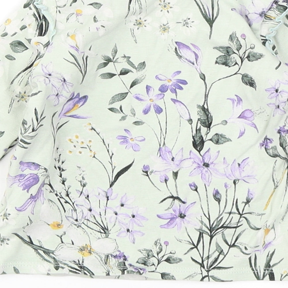 NEXT Girls Blue Floral Cotton Basic T-Shirt Size 3-6 Months Crew Neck Snap - Lettuce Edging