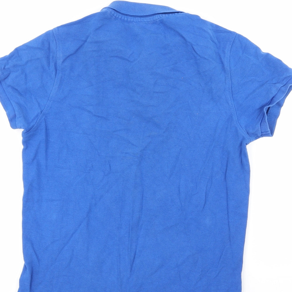 Brand and care label for industrialize men’s blue 100% cotton polo, size XS, collared