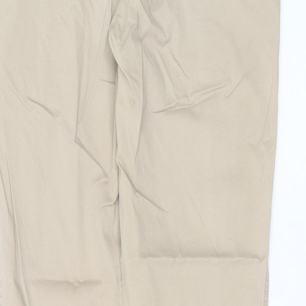 Brand and care label for New Look women’s beige cotton trousers, size UK 14, 31-inch leg slim