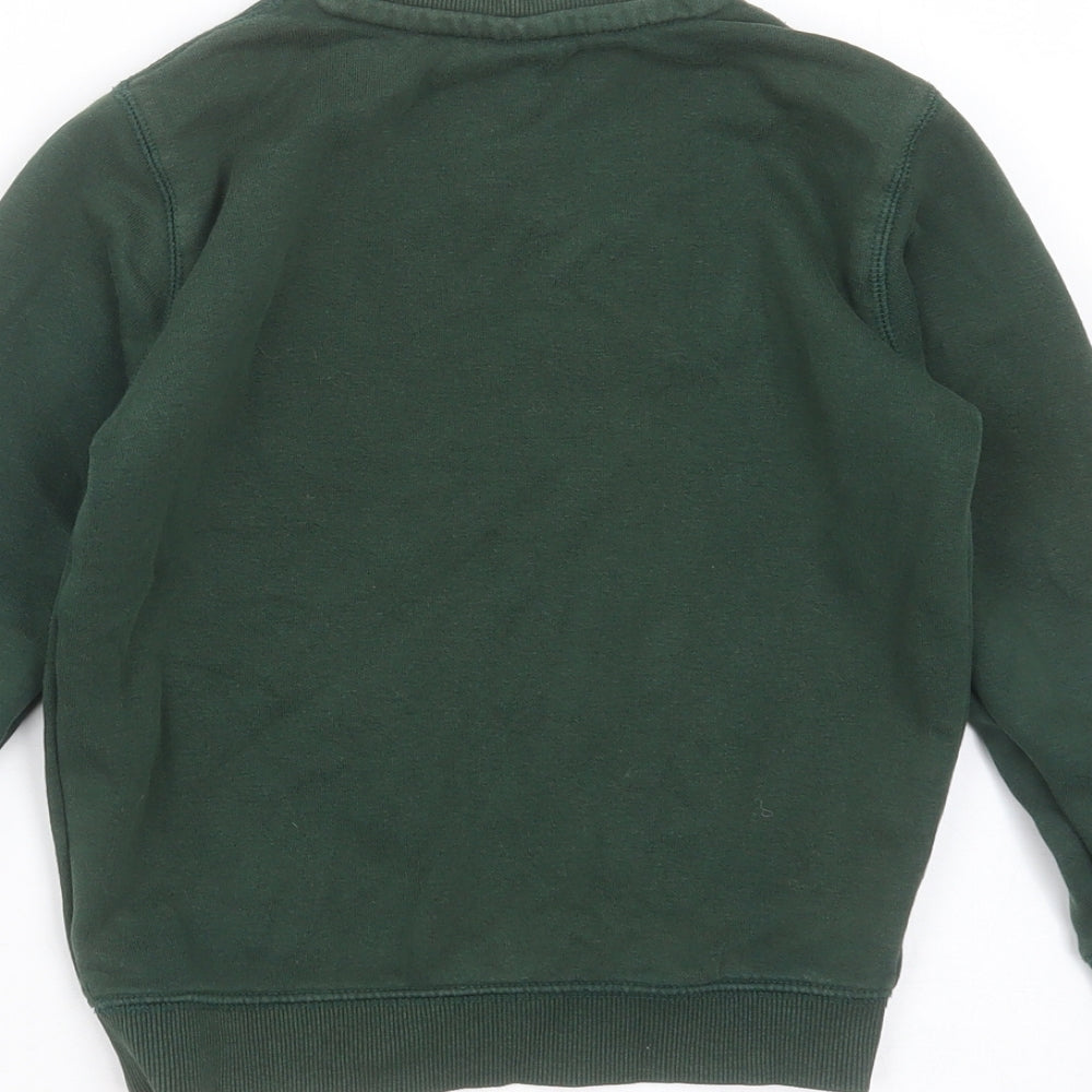 Brand and care label for Tu boys’ green cotton pullover sweatshirt, size 4, years - school