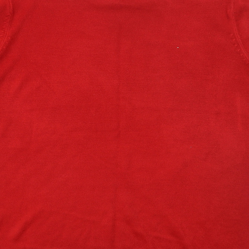 Brand and care label for Alexara women’s red acrylic basic t-shirt, size S, round neck