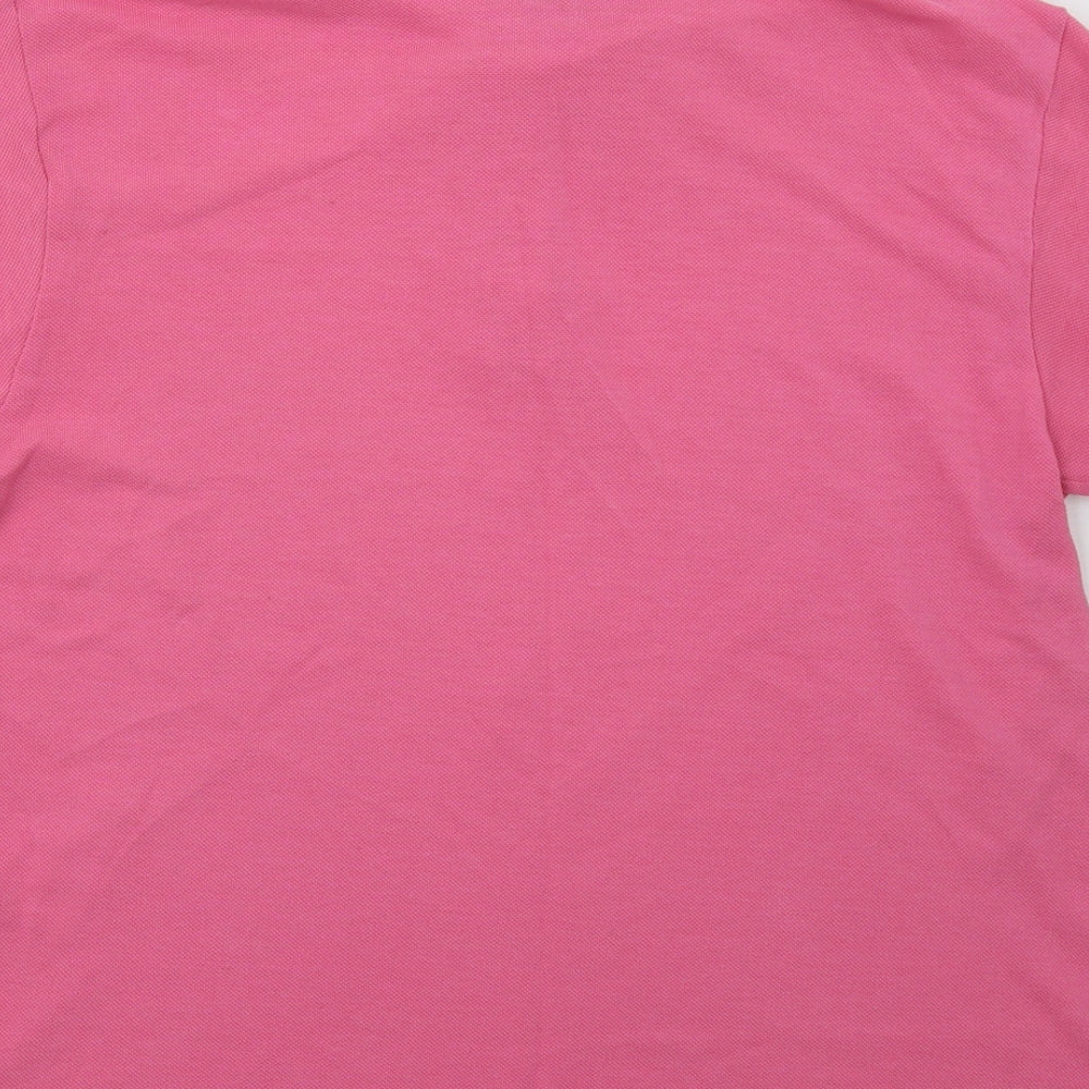 Brand and care label for Casual Club women’s pink polyester basic polo, size S, collared
