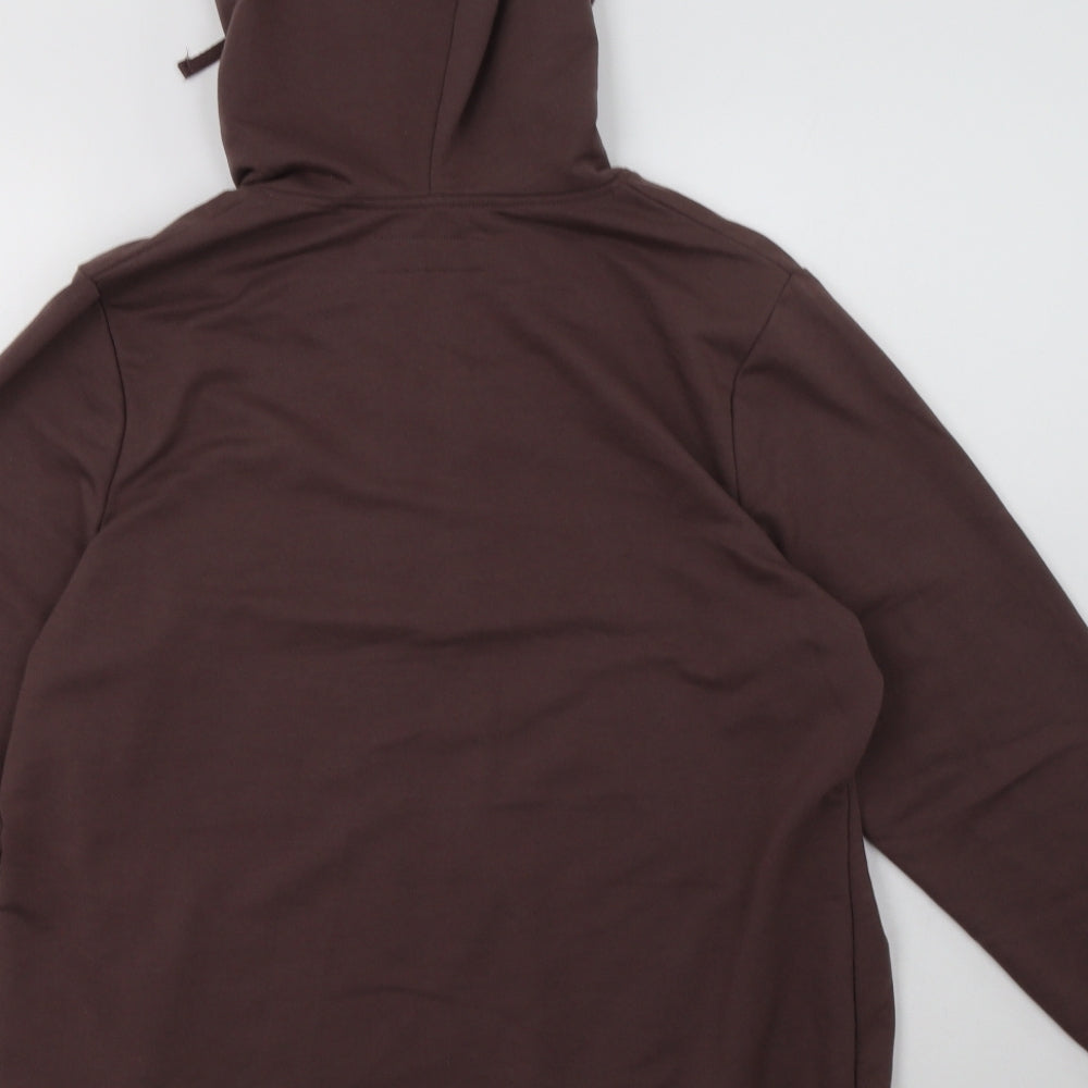 Brand and care label for BM women’s brown polyacrylate fibre pullover hoodie, size M, pullover