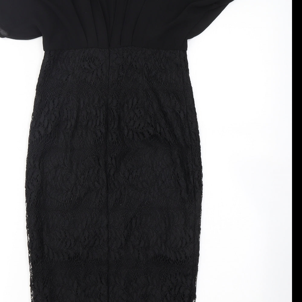 Brand and care label for Girl In Mind women’s black polyester pencil dress, size UK 10, crew neck zip