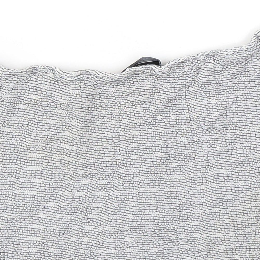 Brand and care label for Atmosphere women’s grey striped viscose cropped t-shirt, size UK 14, off the shoulder
