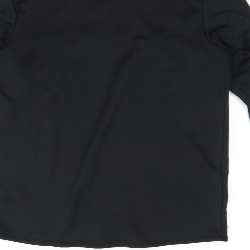 Brand and care label for Umbro men’s black high neck polyester henley jumper, size M