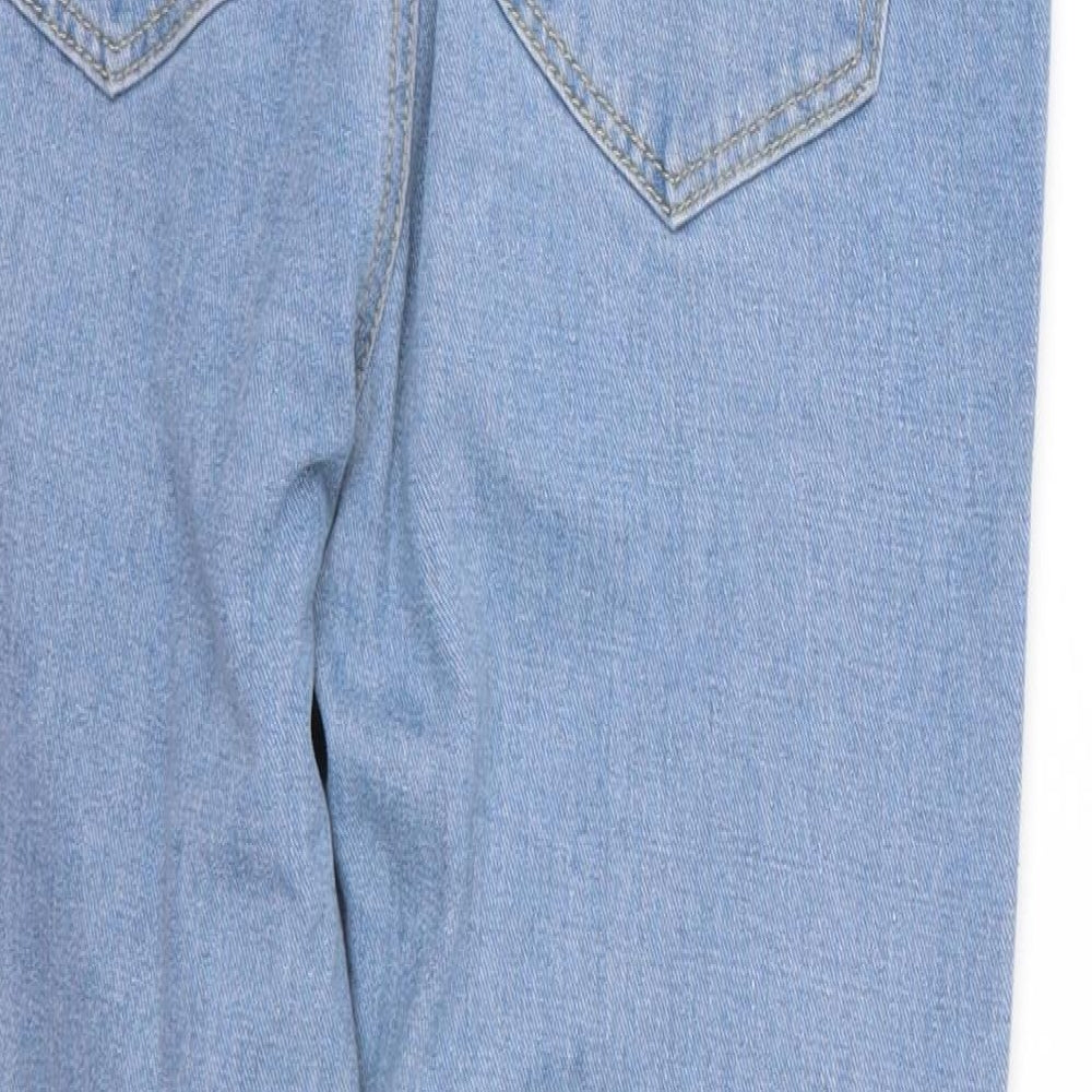 Brand and care label for Boohoo women’s blue cotton skinny jeans, size UK 10, 26-inch leg regular