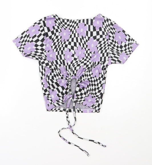 Primark Womens Purple Floral Polyester Basic T-Shirt Size 2XS Round Neck