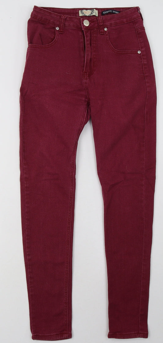 Additional front view of Boohoo women’s purple cotton skinny jeans, size UK 8, 30-inch leg regular button