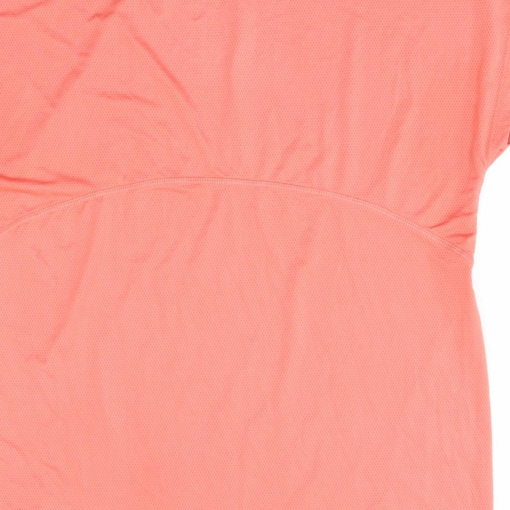 Brand and care label for WorkOut women’s pink polyester basic casual, size S, round neck