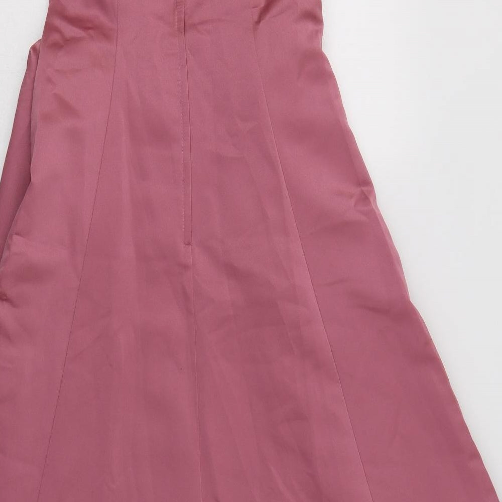 Brand and care label for Alfred Angelo women’s pink polyester fit & flare, size S, off the shoulder zip