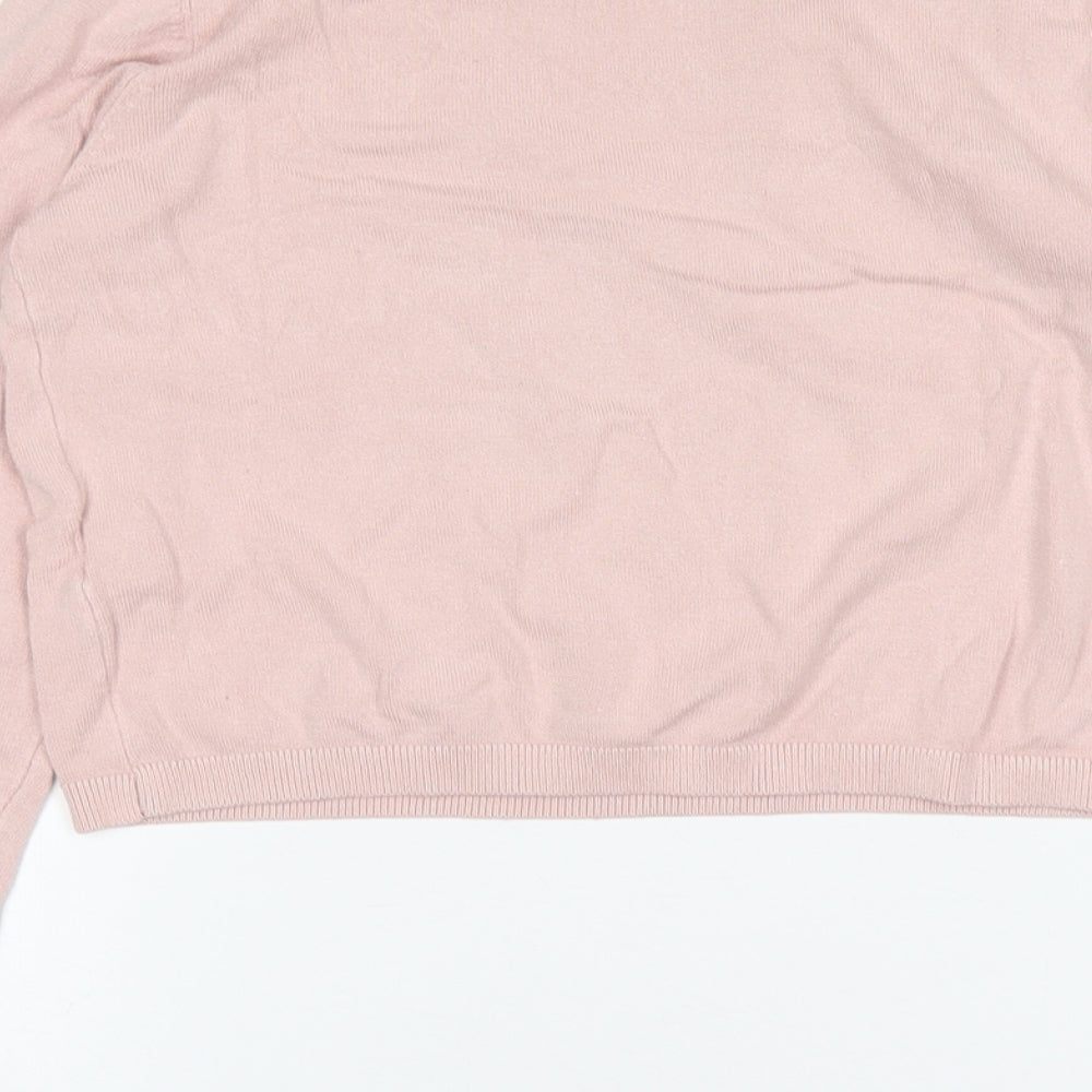 Brand and care label for Bershka women’s pink round neck acrylic jumper, size S