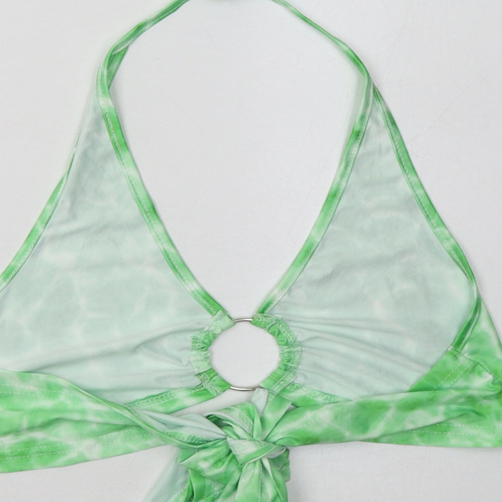 Brand and care label for SHEIN women’s green geometric polyester cropped tank, size XS, v-neck