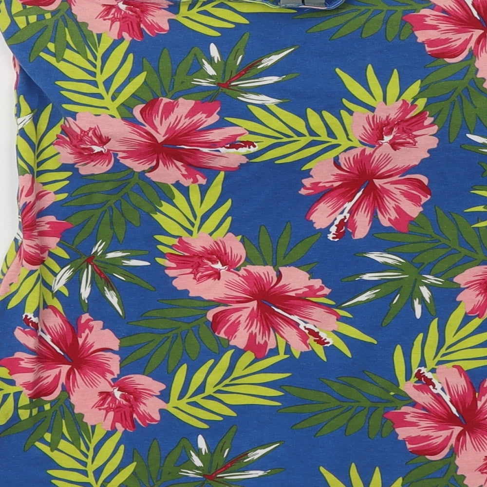 Brand and care label for Originals women’s blue floral cotton basic blouse, size UK 12, off the shoulder