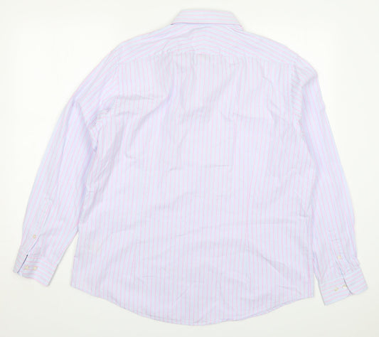 Stovel & Mason Mens Blue Striped Cotton Dress Shirt Size 17 Collared Button - Pink