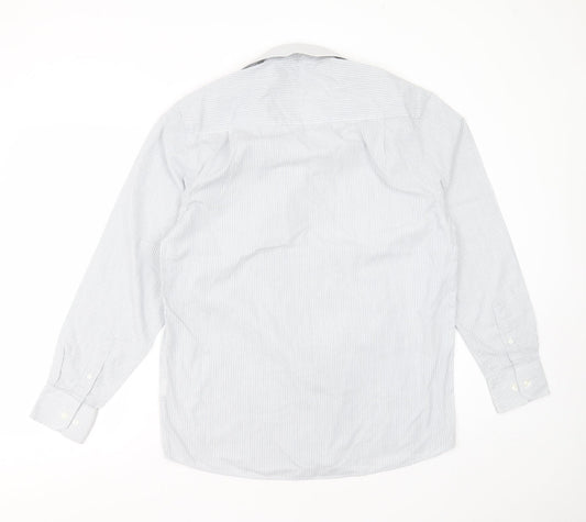 B&W Mens White Striped Polyester Button-Up Size 15.5 Collared Button