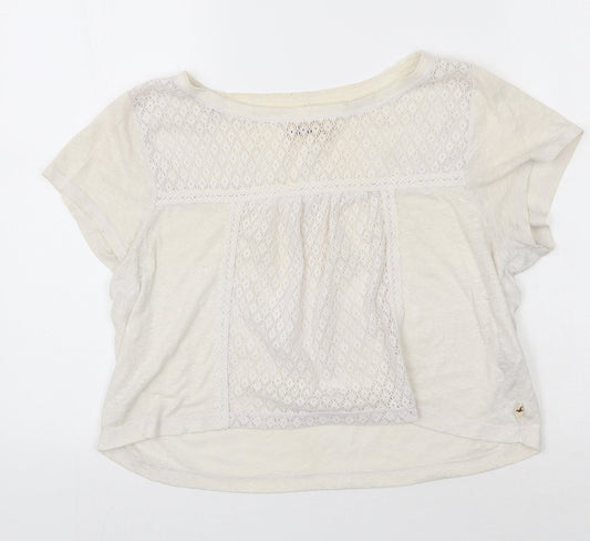 Hollister Womens Ivory Cotton Basic T-Shirt Size S Scoop Neck - Lace detail