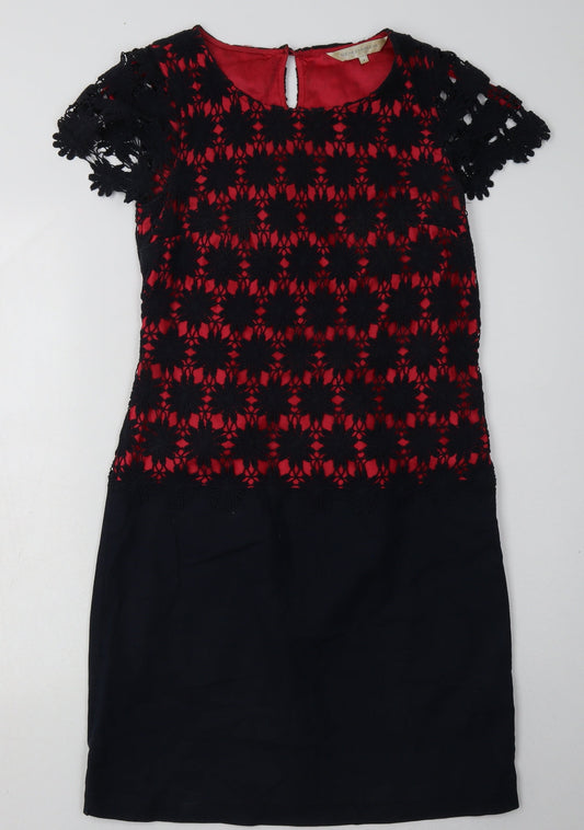 Debenhams Womens Red Floral Cotton Bodycon Size 8 Crew Neck Zip