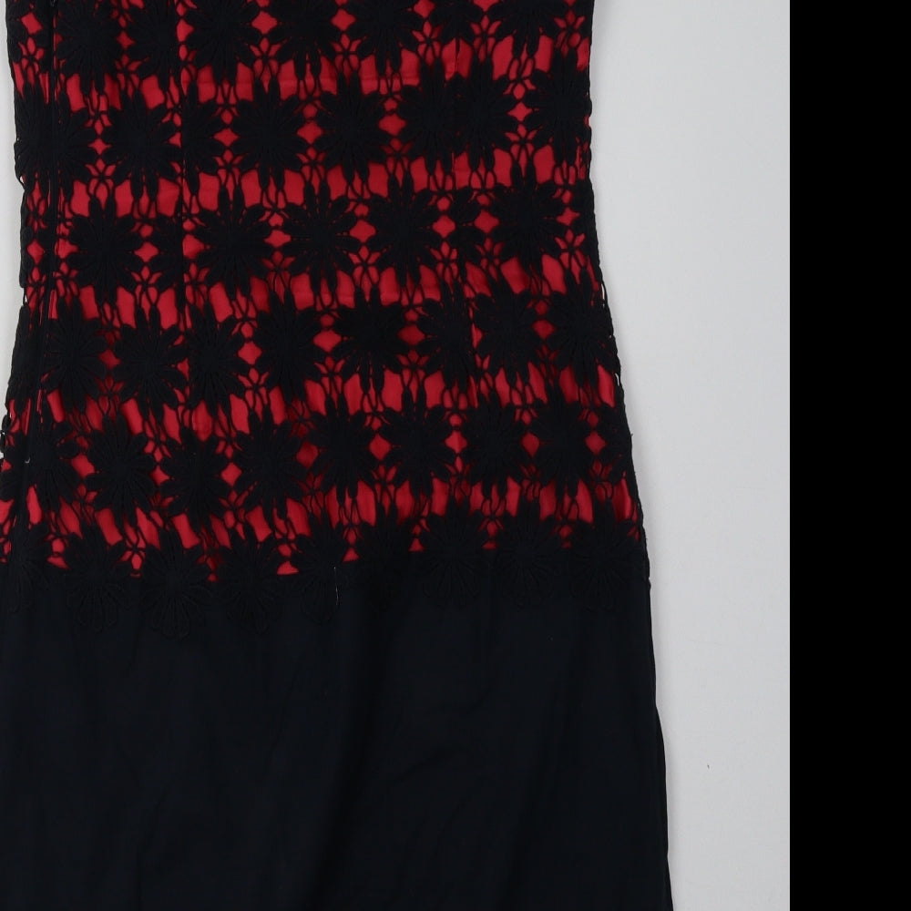 Brand and care label for Debenhams women’s red floral cotton bodycon, size UK 8, crew neck zip