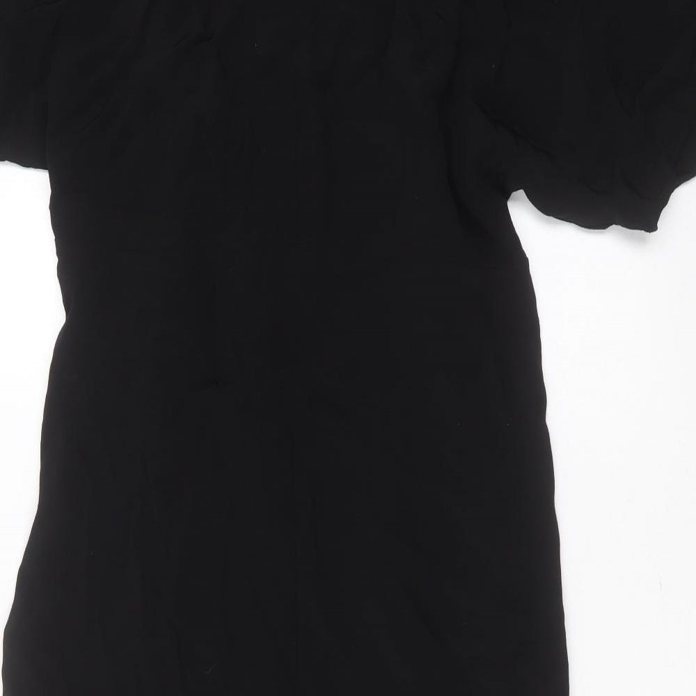 Brand and care label for ASOS women’s black viscose shift, size UK 8, v-neck - tie front detail