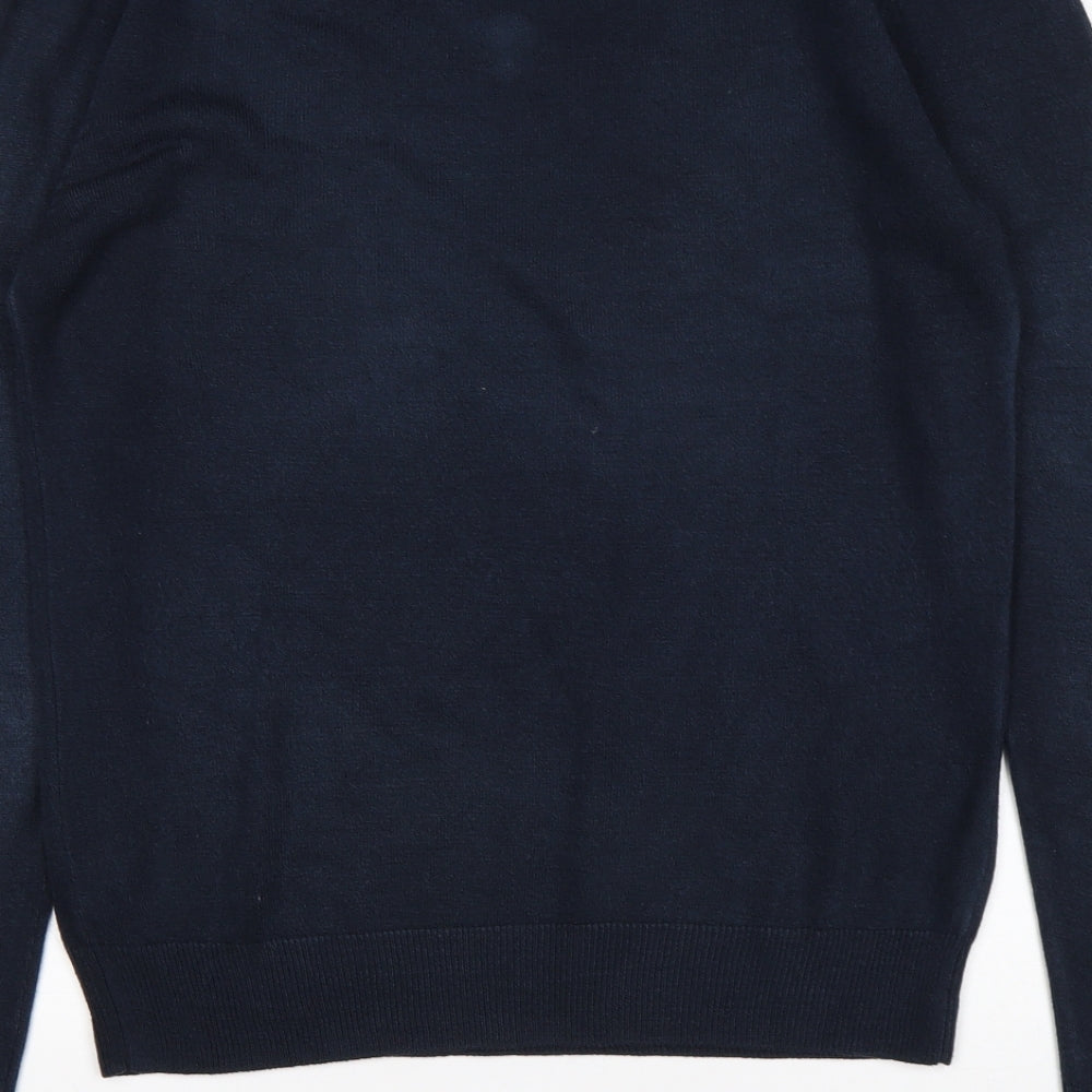 Brand and care label for Cedarwood State men’s blue v-neck acrylic jumper, size S