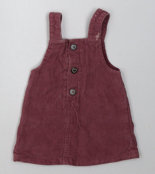 F&F Girls Purple Cotton Pinafore/Dungaree Dress Size 3-6 Months Square Neck Buckle