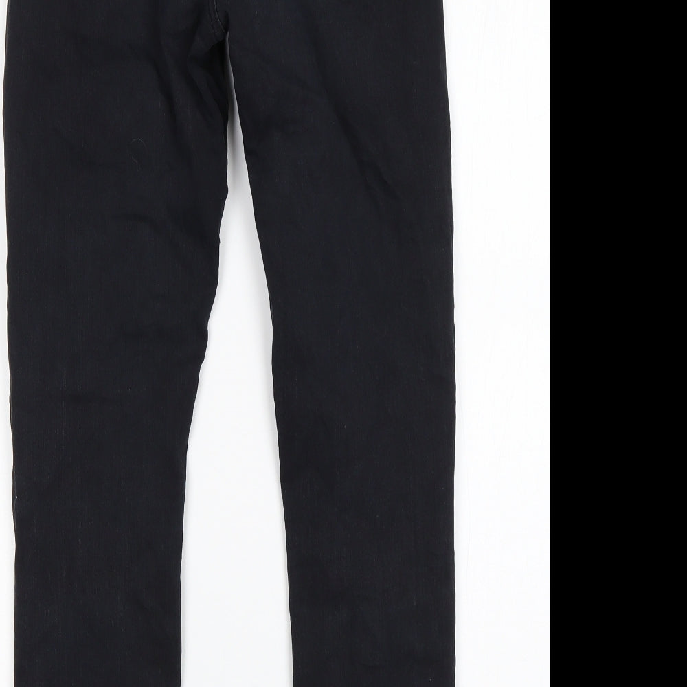 Brand and care label for Topshop women’s black cotton skinny jeans, size UK 28, in, 27-inch leg regular