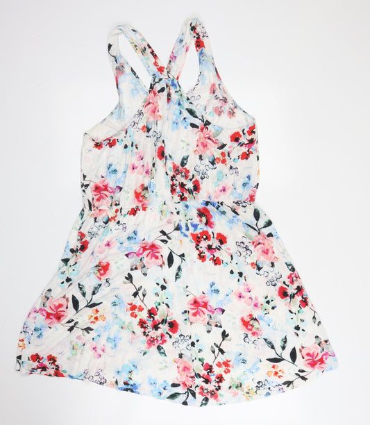 H&M Womens White Floral Viscose A-Line Size M V-Neck
