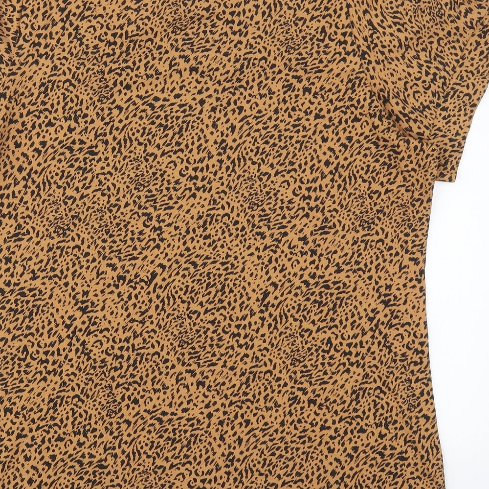 Brand and care label for Amazon women’s brown animal print cotton basic t-shirt, size L, round neck