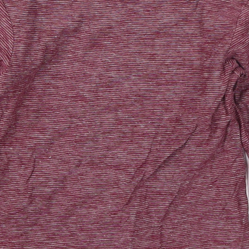 Brand and care label for Matalan boys’ red striped cotton basic t-shirt, size 9-12, months round neck pullover