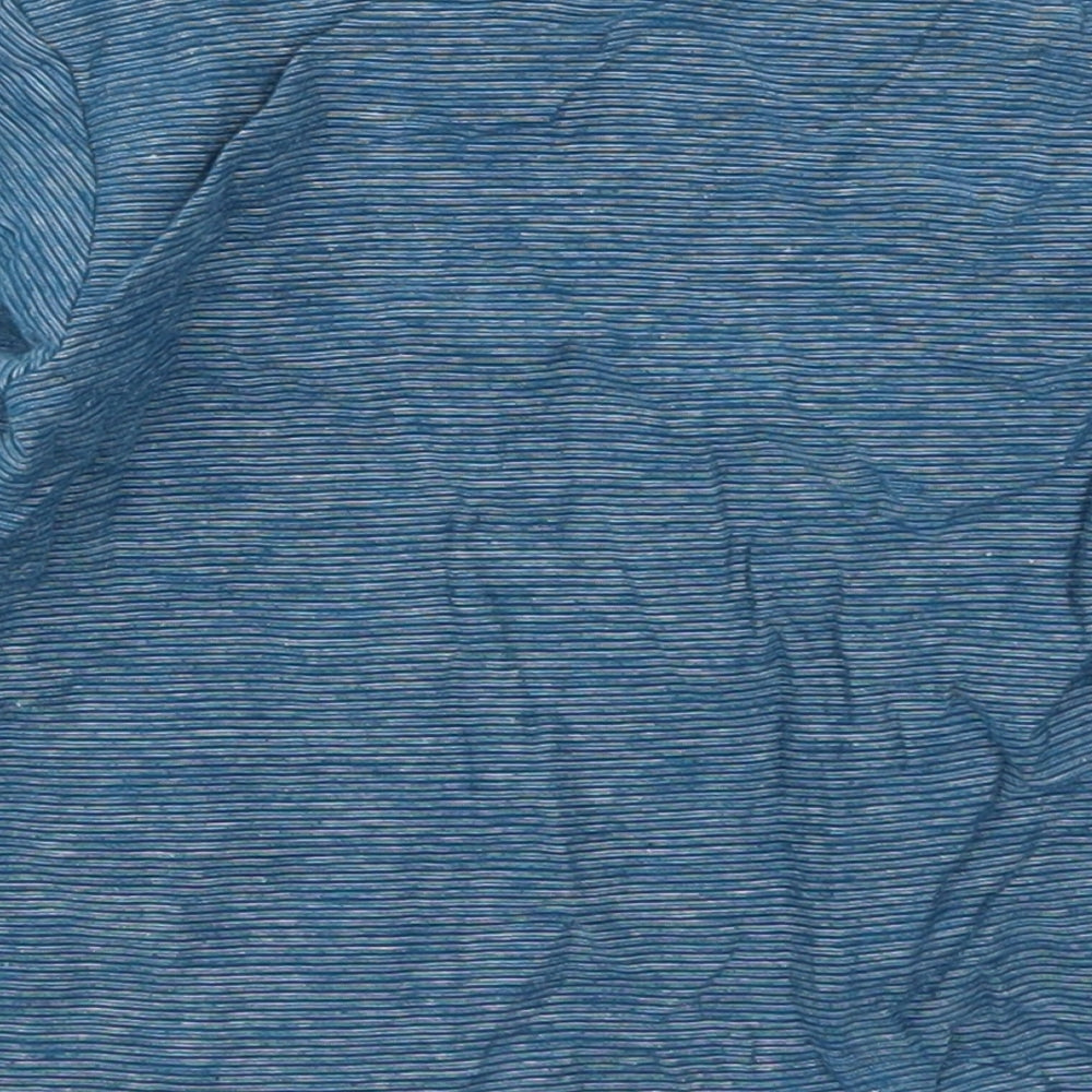 Brand and care label for Matalan boys’ blue striped cotton basic t-shirt, size 9-12, months crew neck pullover