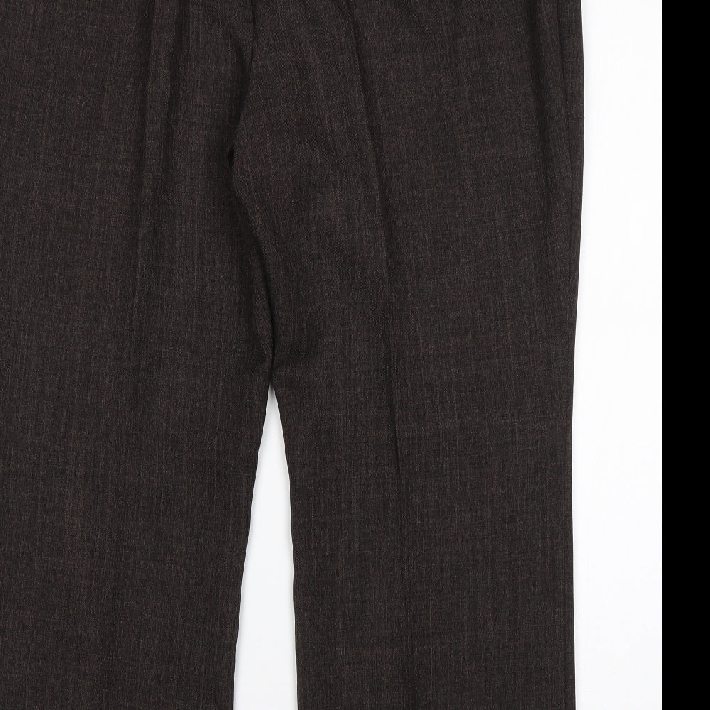 Brand and care label for Marks & Spencer men’s brown polyester trousers, size 20, 28-inch leg regular