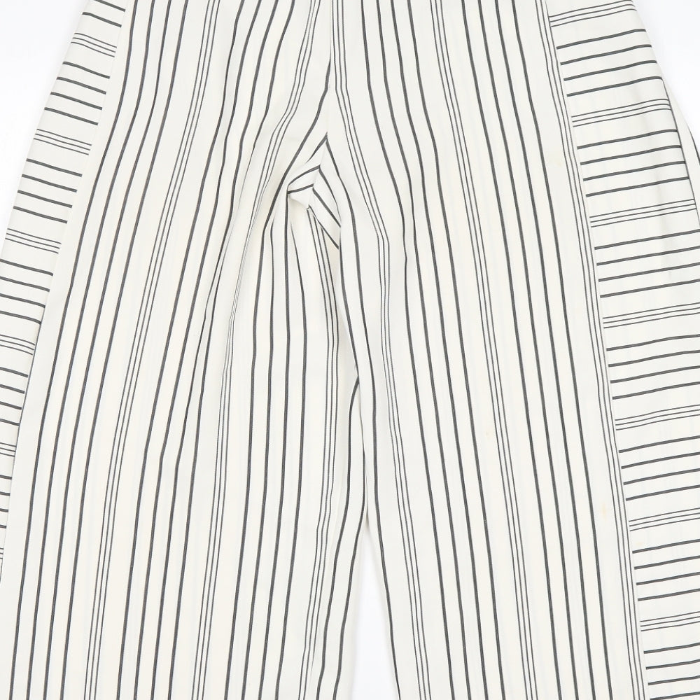 Brand and care label for Topshop women’s multicoloured striped polyester cropped trousers, size UK 6, 22-inch leg regular