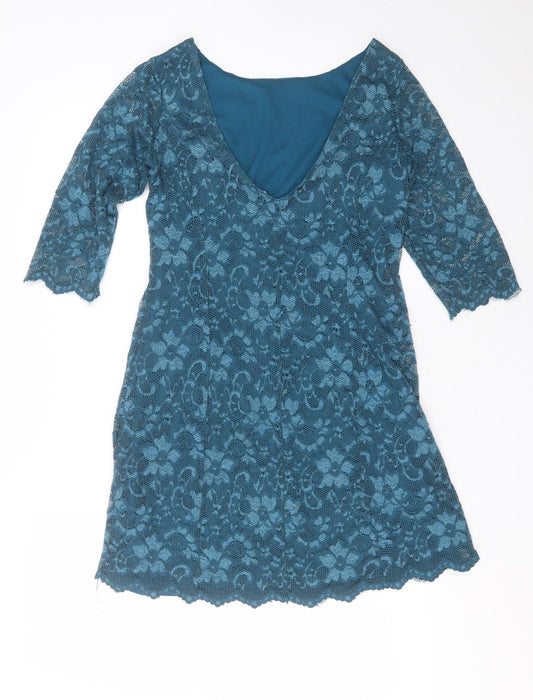 New Look Womens Blue Floral Polyamide Shift Size 12 Round Neck