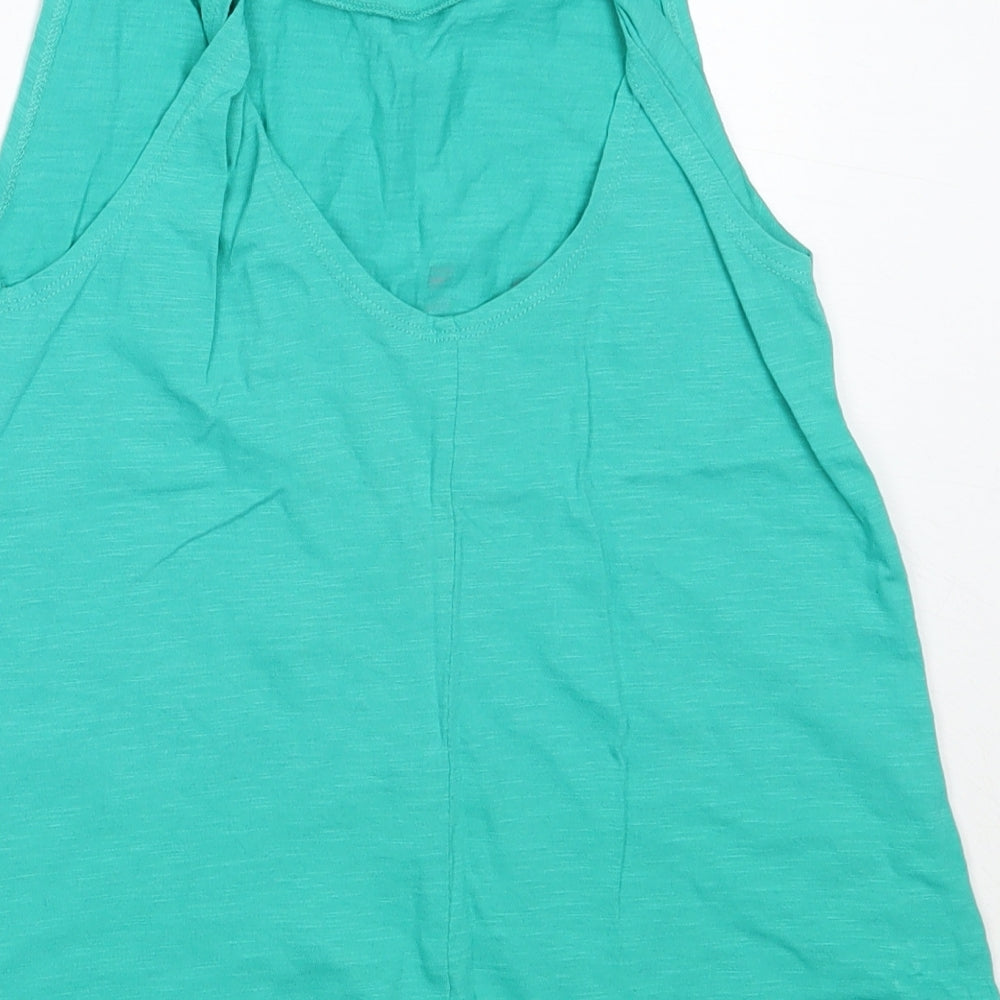 Brand and care label for Next girls’ green cotton basic tank, size 11, years round neck