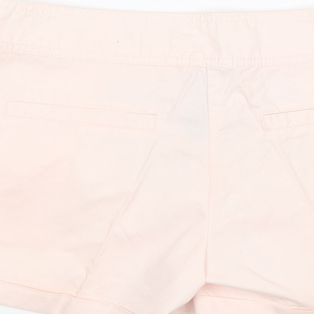 Brand and care label for Denim Co women’s pink cotton chino shorts, size UK 6, 3-inch leg regular