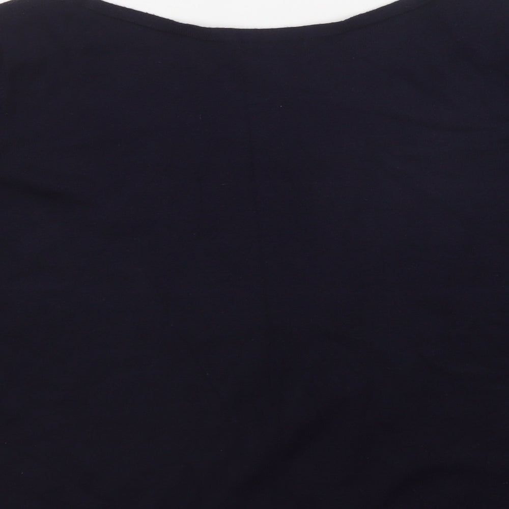 Brand and care label for Tribekko 44 women’s blue round neck viscose jumper, size XL