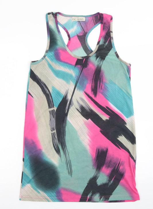 Additional front view of ICHI women’s blue geometric polyester basic tank, size L, round neck