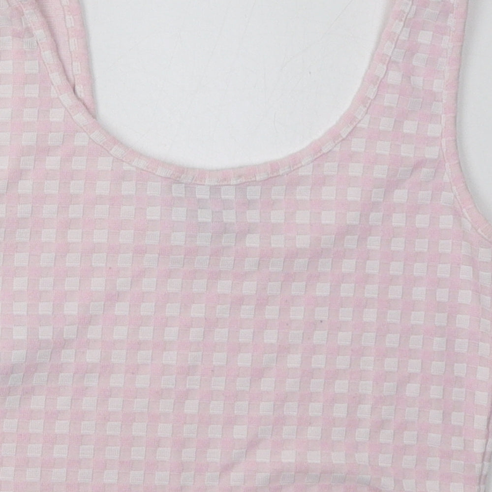 Brand and care label for Primark women’s pink check polyester cropped tank, size XS, scoop neck