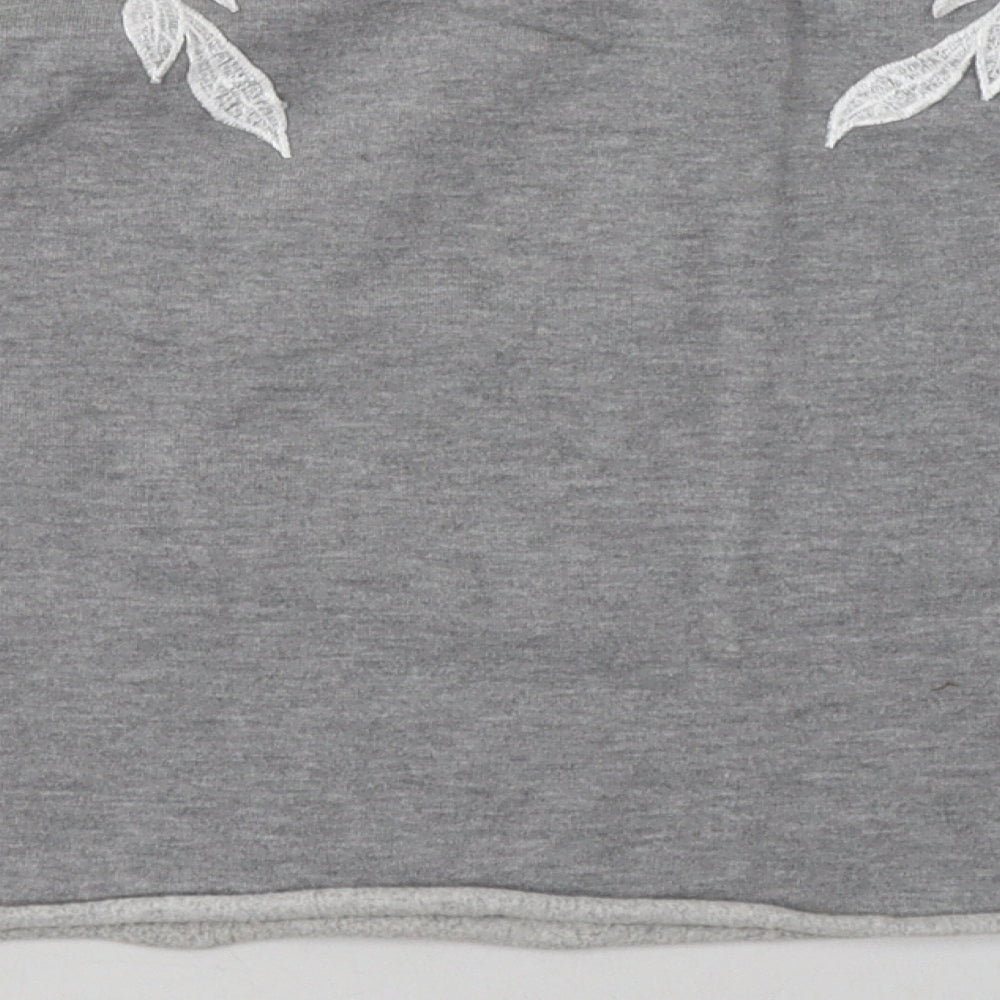 Brand and care label for Miss Selfridge women’s grey floral polyester pullover sweatshirt, size UK 10, pullover