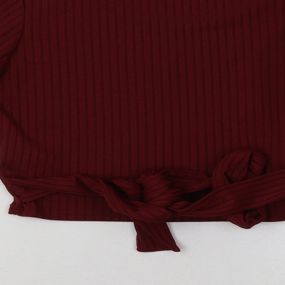 Brand and care label for Boohoo women’s red polyester pullover sweatshirt, size UK 10, pullover - cropped