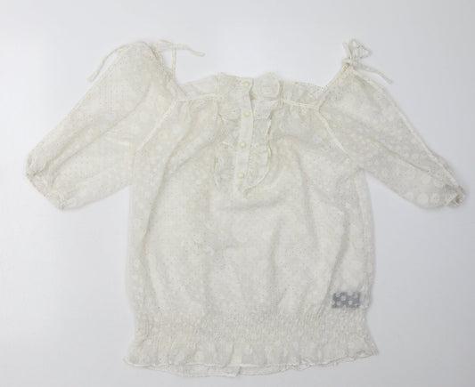 Additional front view of QED London women’s white polka dot polyester basic blouse, size M, off the shoulder